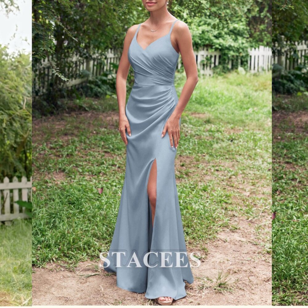 Sheath/Column V Neck Sleeveless Floor-Length Stretch Satin Bridesmaid Dress